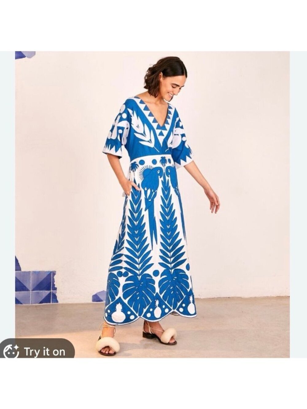 Farm Rio blue and white patchwork embroidered maxi dress